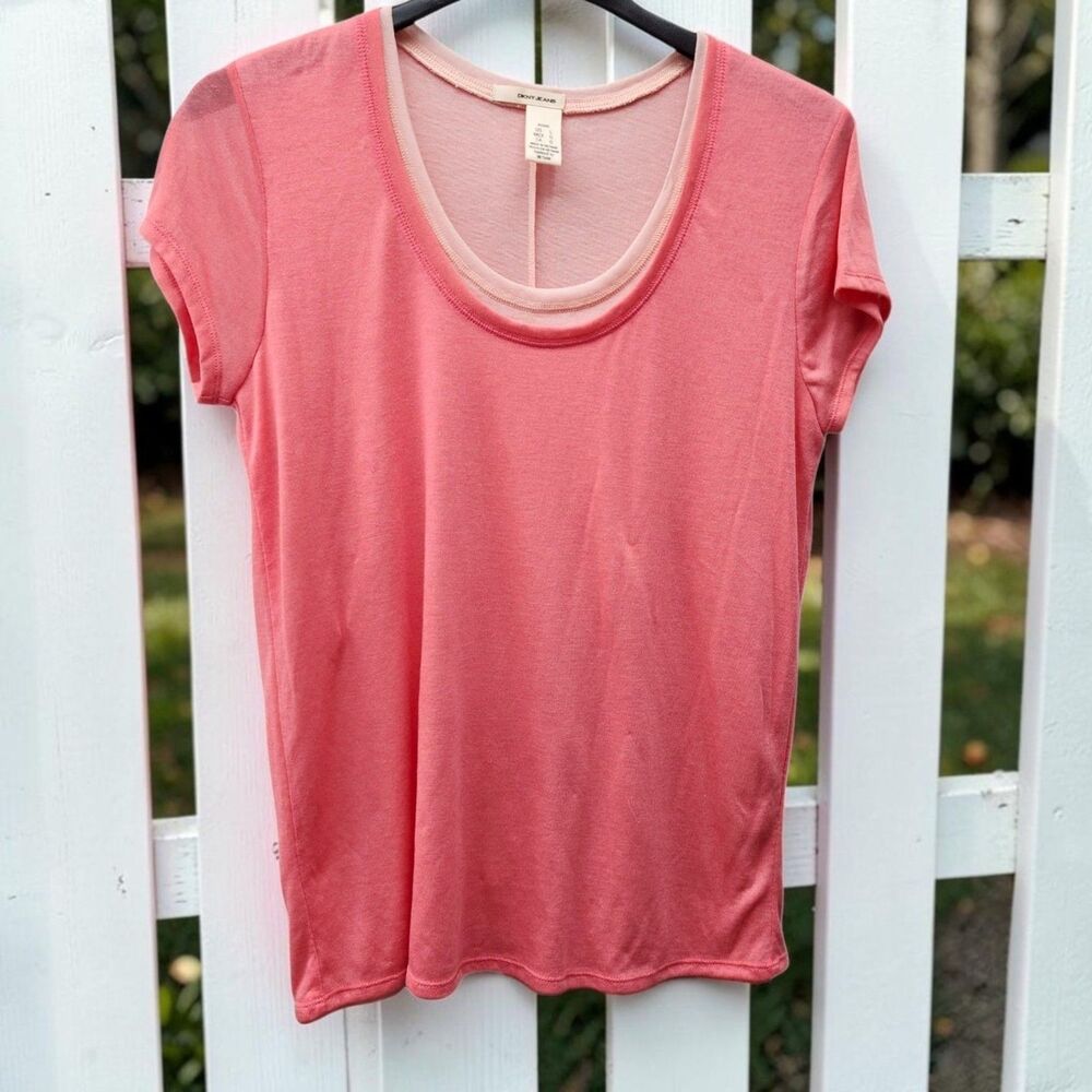 DKNY Jeans Layered Look Tee Womens Large Coral Pink Scoop Neck Soft-girl Y2K